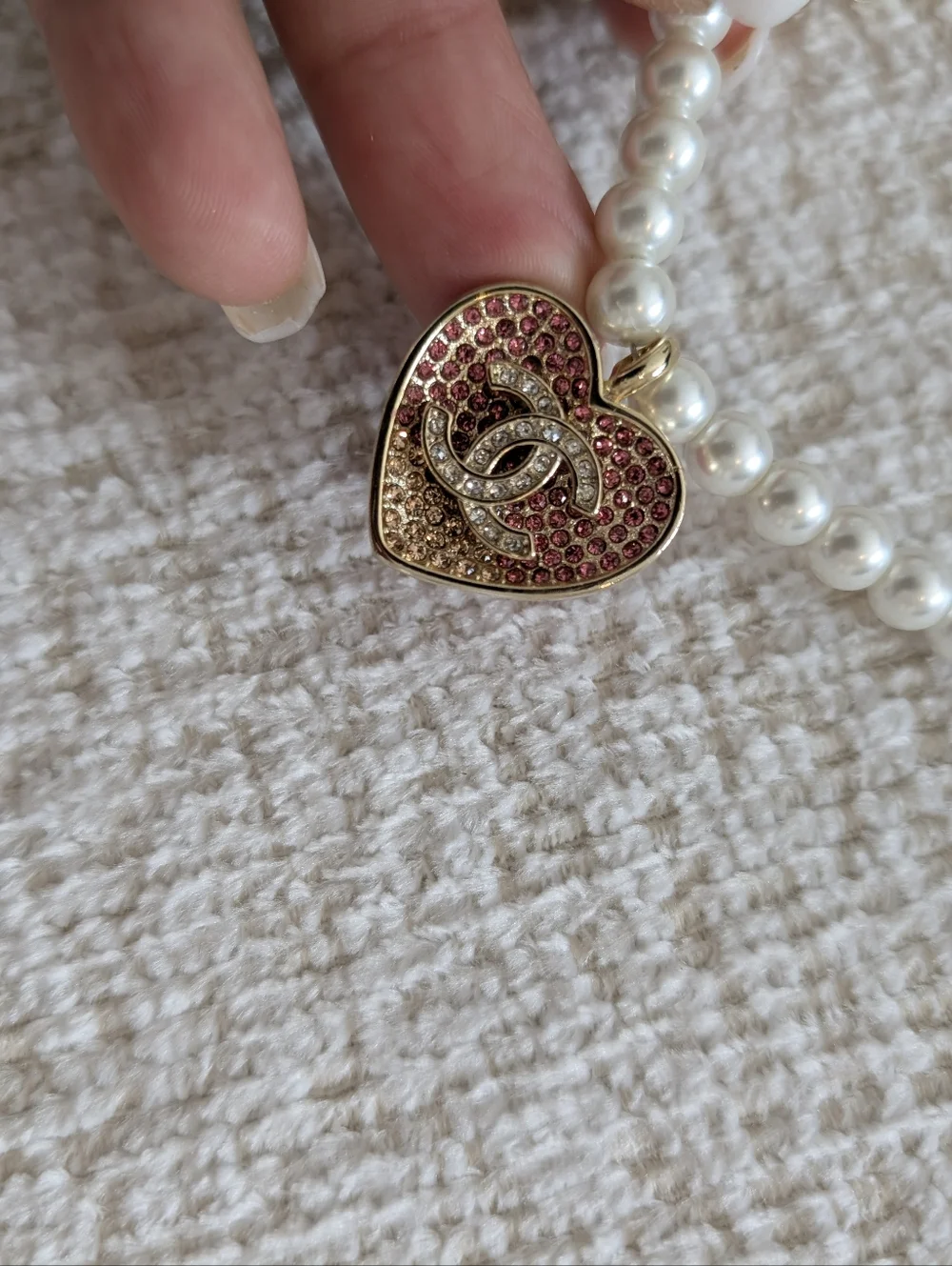 CHANEL Gold-Chain Necklace with Pink Heart and Pearls